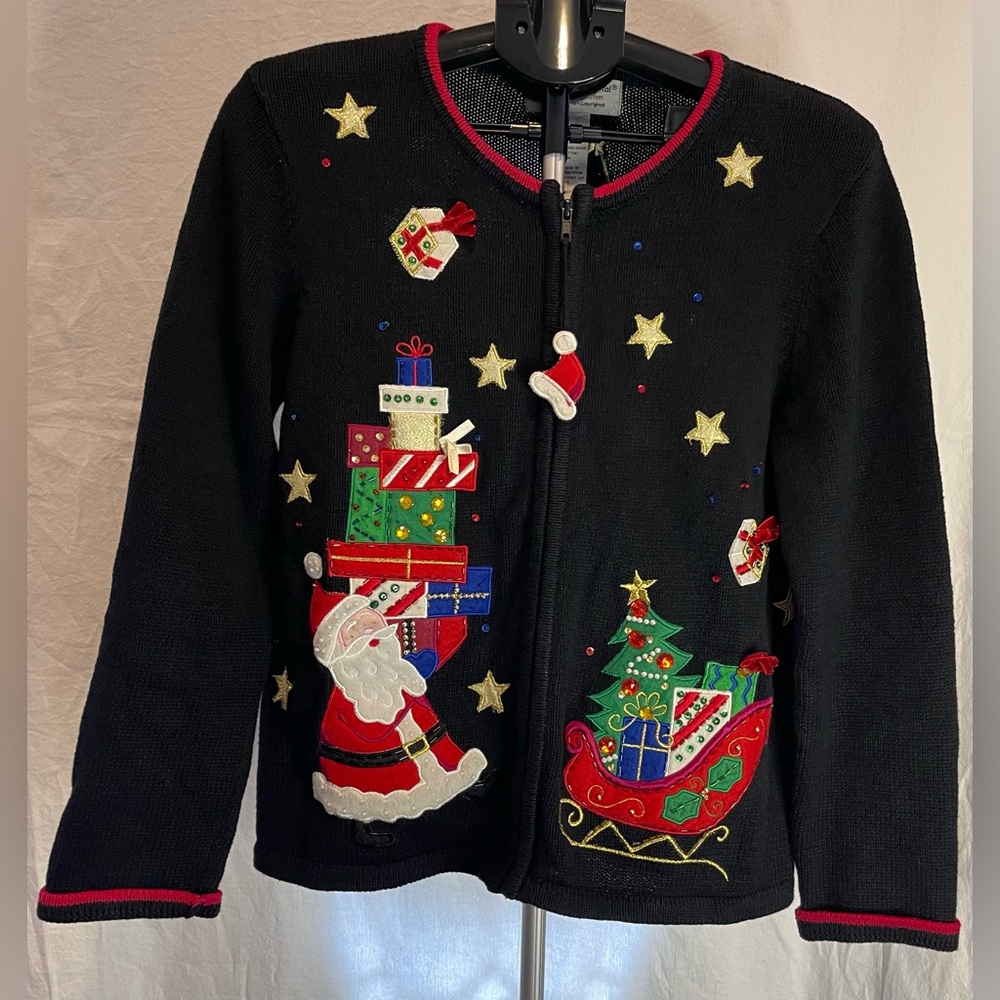 VTG Tiara Int'l M Black Ugly Christmas Sweater Zipper Cardigan Santa Embroidered - Picture 1 of 11